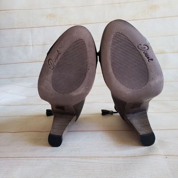 Diesel Leather Suede Round Toe Studded Tassel Heel Pumps Shoes Brown Size 39 - Picture 12 of 16